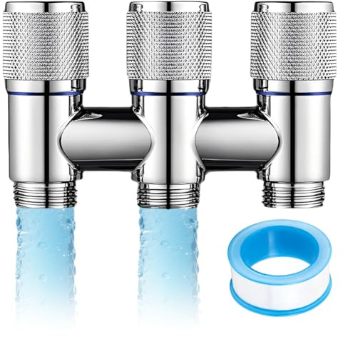 3 Wege Eckventil, 1/2 Zoll Kombi Eckventil mit Spülmaschinenanschluss & Doppelanschluss, 3 Wege Umschaltventil selbst dichtend aus Kupfer, Robust für Waschmaschine & Geschirrspüler (Silber)