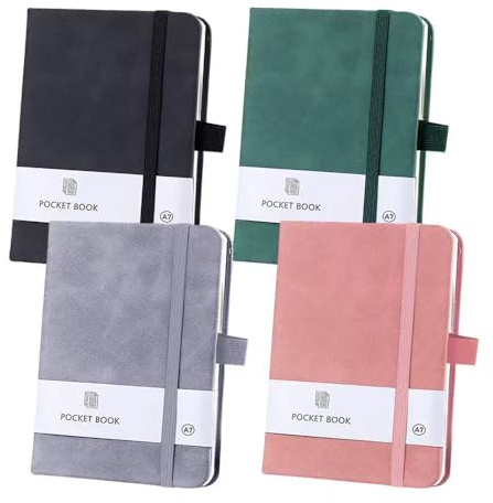 HMCEY 4 Pezzi Taccuino Tascabile A7,Quaderno Piccolo per Appunti Lavoro con Chiusura Elastico e Portapenne, Mini Notebook,Taccuino Diario di Viaggio per Agenda, Planner, Lista Della Spesa - 4 colori