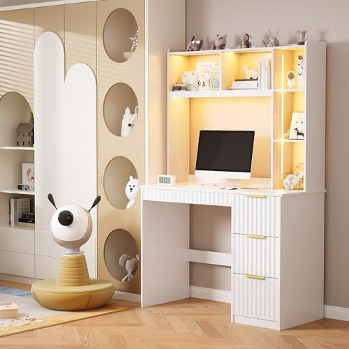 Lvifur LED Study Desk - with 2 Power Outlets & USB/Type-C,Home Office Desk with 3 Drawers and Bookshelf Shelves,Bookcase with Touchless Card Reader Lock,Computer Reading Desk for Bedroom,Study
