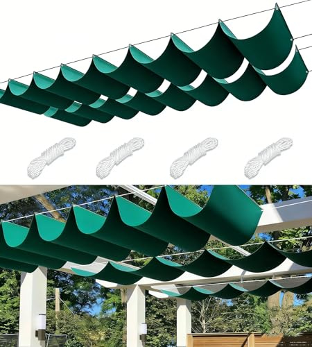 Voile Ombrage Rétractable Vague Imperméable Rectangulaire Toile D'ombrage Filet D'ombrage Bâche Ombrage Protection UV Solaire pour Jardins Balcons Terrasse Pergola 3x8M Vert foncé