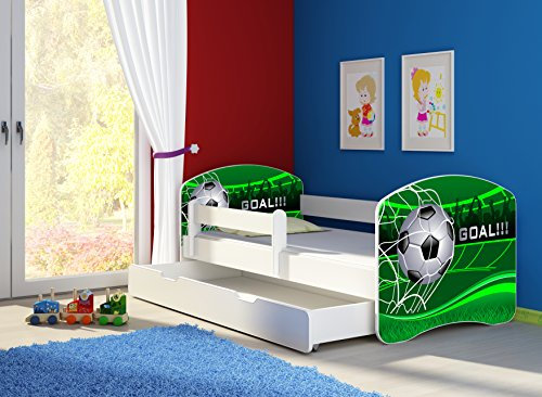 CLAMARO 'Fantasia Weiß' 180 x 80 Kinderbett Set inkl. Matratze, Lattenrost und mit Bettkasten Schublade, mit verstellbarem Rausfallschutz und Kantenschutzleisten, Design: 14 Fußball Toor