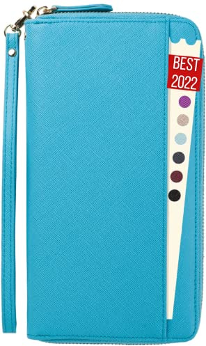 Portafoglio da viaggio porta passaporto per famiglia RFID organizer da viaggio per documenti da viaggio – portafoglio in pelle, custodia, denaro, carte di credito, biglietti aerei per donne, Blu