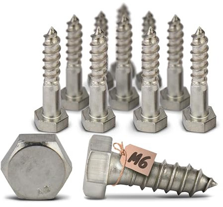 PROTECH 10 Stück Sechskant Holzschrauben M6 Edelstahl A2 M6x25 V2A rostfreier Sechskantschrauben Holzbauschrauben Schlüsselschrauben Wiener Schrauben DIN 571