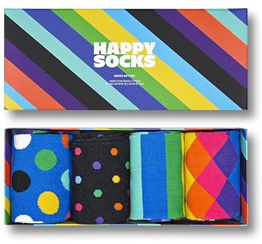 Happy Socks 4-Pack Stripe Box, farbenfrohe und fröhliche Socken für Männer und Frauen, Schwarz-Weiß-Blau-Grün-Rosa-Orange-Gelb-Lila Größe 41-46