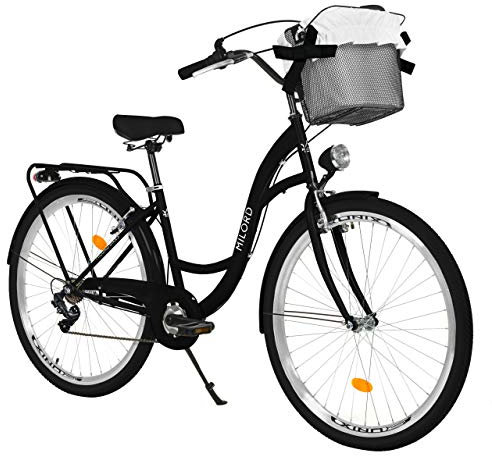 MILORD. 28 Zoll 7-Gang schwarz Komfort Fahrrad mit Korb und Rückenträger, Hollandrad, Damenfahrrad, Citybike, Cityrad, Retro, Vintage