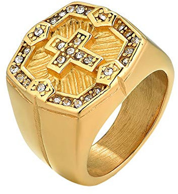 JewelryWe Großer Herrenring mit Kreuz mit Zirkonia Farbe Gold, Edelstahl