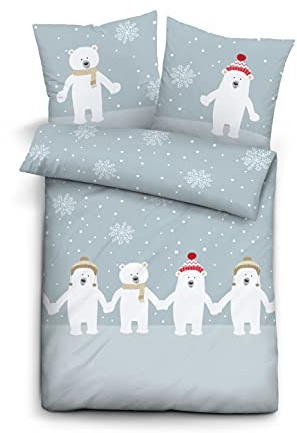 biberna Premium Biber Bettwäsche 100x135 cm blau | Biber 2-teilig mit Kissenbezug 40x60 cm | 100% Baumwolle | weich, wärmend | Reißverschluss | Kinderbettwäsche | Eisbären | Modell 0004648