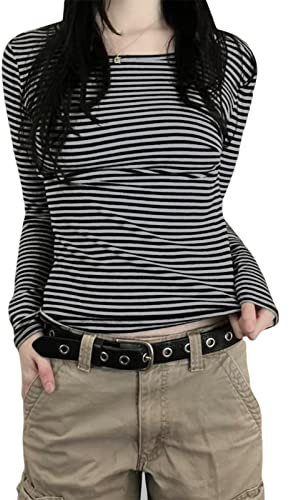 Vintage Aesthetic Striped Top Grunge Fairycore Casual Long Sleeve T Shirt y2k Women Clothes 2000s Tee Autumn Streetwear (Black Grey Stripe, X-Large)