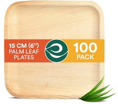 ECO SOUL 100 Disposable Palm Leaf Plates 6”(15cm) Square Small Bamboo Plate I Eco Friendly, Biodegradable, Compostable Heavy-Duty Plate, Wooden Plates for Party & Events I Microwave & Oven Safe