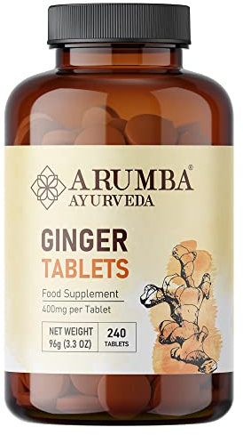 Arumba Ayurveda Tabletas de jengibre 240 tabletas, 400 mg por tableta, hechas con polvo de raíz de jengibre puro