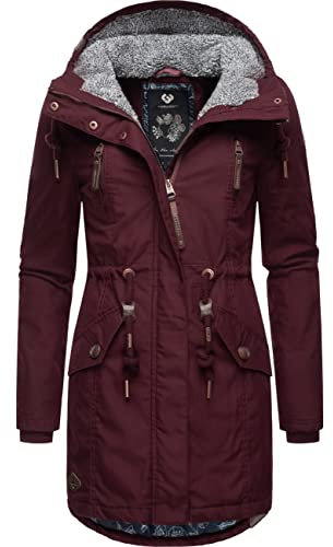 Ragwear Damen Mantel lange warme Winterjacke mit Teddyfell-Kapuze Elsie Intl Wine Red022 Gr. S