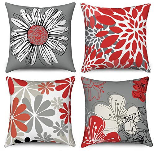 Hnmdmyi Kissenbezug Rot 45x45 4er Set, Rot und Grau Blumen Dekorative Kissenbezüge Modernes Gänseblümchen Bauernhaus Boho Leinen Kissenhülle für Sofa Couch Bett Garten Outdoor Home Decor