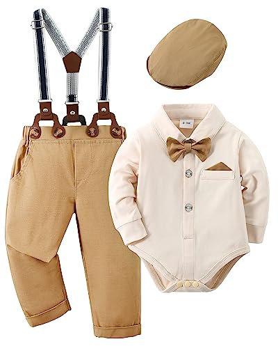 Amisssz Baby Jungen Gentleman Anzug, 4tlg Kinder Hochzeit Festlich Taufe Strampler mit Bowtie Hemden + Hosenträger Overalls Beige 0-3 Monate