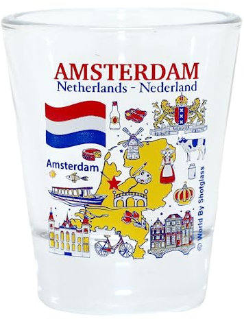 Amsterdam Niederlande Sehenswürdigkeiten und Ikonen Collage Schnapsglas