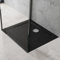 doporro plato de ducha 70x80x4 plano fabricado en acrílico en negro rectangular conexiones DIN apto para instalación a ras de suelo Faro2