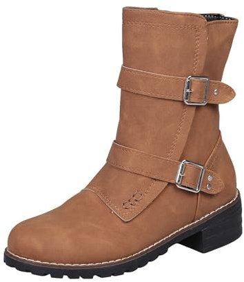 HAQUOS Stivali da motociclista da donna, con lacci, a metà polpaccio, alla moda, per festival, combattimento, equitazione, stivali militari da donna, Giallo marrone, 40 EU