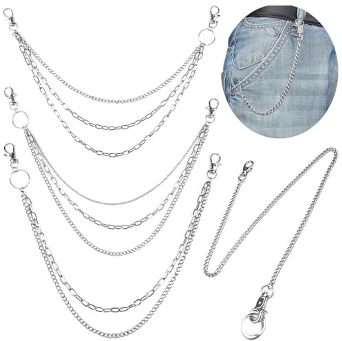 GZqiancang 4 Stück Hosenkette Set,Mode Hip Hop Hosenkette Herren,Hosen Kette Punk für Damen Männer,für Geldbörse Tasche Gürtel Jeans Hosen Schmuck (Silber)