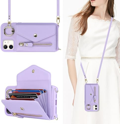 SailorTech iPhone 12/12 Pro Case with Zipper Credit Card Holder for Women, iPhone 12 Phone Leather Case Ring Stand with Card Slots Kickstand Wallet Crossbody for iPhone 12 Pro - Purple