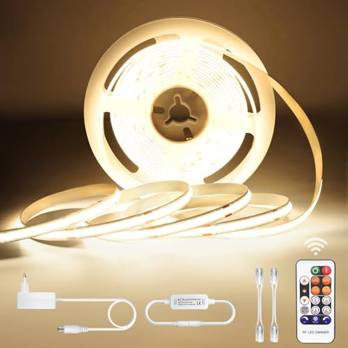 COB LED Streifen Neutralweiß 5M, LED Strip Dimmbar 24V 4000K, lichtband led selbstklebend Wasserdicht IP44, Lichtleiste mit Netzteil und Controller für Unterbau, TV Küche Wohnzimmer DIY LED Band 5M
