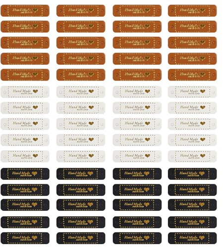 LERANXIN Handmade Label zum Annähen Weich, 60 Stück 3 Farben PU Leder Labels zum Annähen aus Leder, Handmade Etiketten für Kleidung, Taschen und DIY-Projekte
