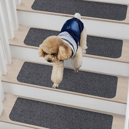 COSY HOMEER Stair Treads Mats for Indoor Staircases, 70x22 cm, 4 Pcs, Adjustable DIY Carpet Stair Treads for Kids Elders Pets, Self-Adhesive TPE Backing Carpet Stair Runners, Machine Wasable, Black