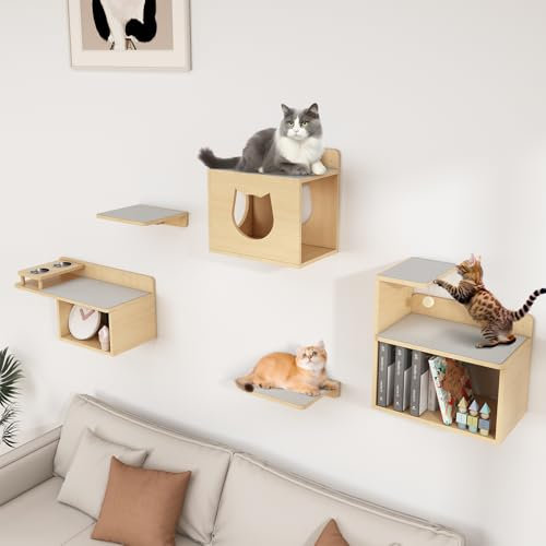 DAWNYIELD Katzen Kletterwand Set, 4 in 1 Katze Wand Möbel mit Katze Haus, Hölzerne Katze Regale Sitzstangen für Wände, Indoor Katzen Wandelemente Plattform mit Katzennapf