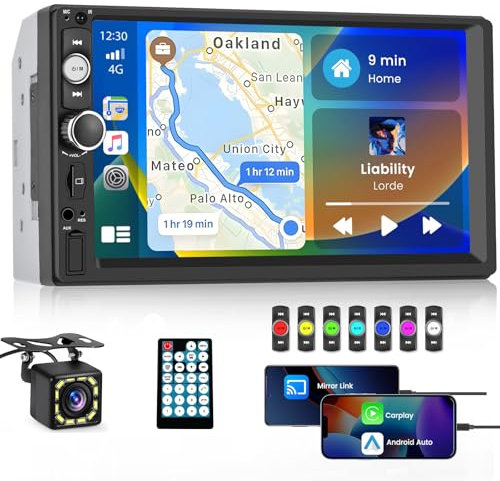Inefala Radio 2 DIN Android Auto 7 Pulgadas con Apple Carplay y Android Auto, Pantalla Coche Táctil Estéreo con Bluetooth, Mirror Link, Soporta FM, USB, AUX, TF, Cámara Trasera, Control del Volante