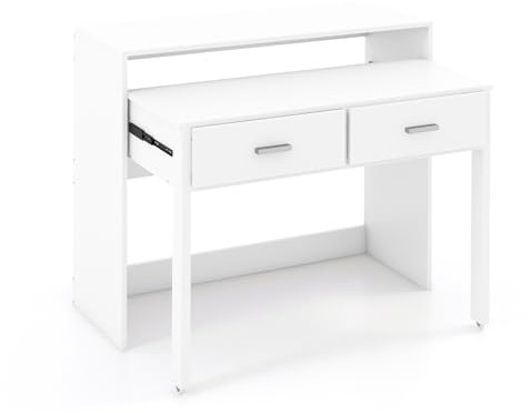 CASART 2-Tier Computer Desk, Space Saving Stable PC Table with Double Drawers, Extendable Wood Study Workstation for Home Office, Living Room and Bedroom (White, 100 x 39 x 85cm)