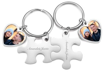 Zysta Portachiavi Coppia con Cuore Portafoto Personalizzata Foto Immagine in Acciaio Inox Portachiavi Puzzle Diviso Incisione Personalizzabili Nomi Data Scritto Regalo per Lui Lei Anniversario Argento