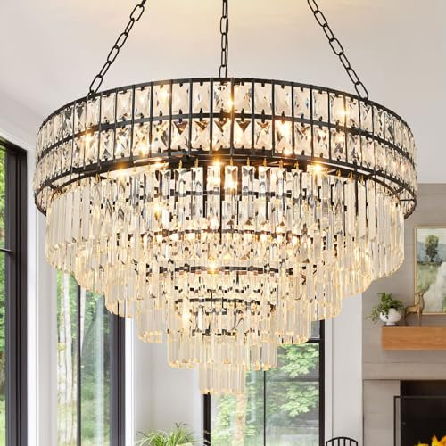 Seenvlog Modern Kristall Pendelleuchte Schwarz Kristall Kronleuchter Lichter 6-Tier Raindrop Kronleuchter Leuchte für Esszimmer Wohnzimmer Φ75cm