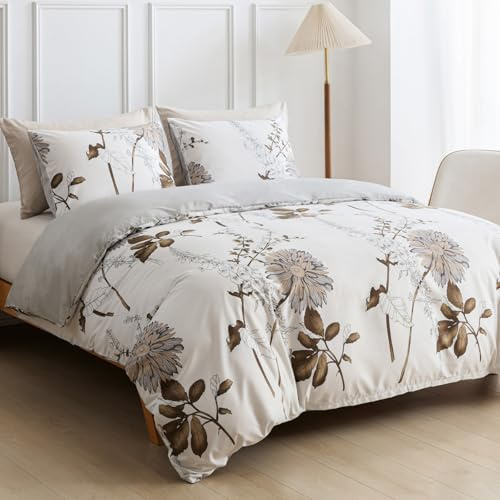 Tokokimo Housse de Couette 140x200 avec 1 Taies d'oreiller 65x65 cm - Motif de Tournesol Doré - Parure de lit 140x200 cm - 100% Microfibre Parure Couette Fermetures éclair, Blanc Gris