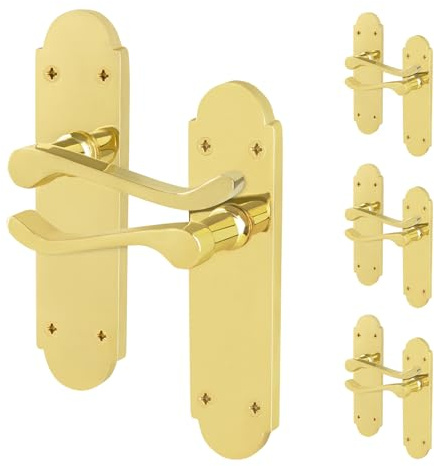 EAI Polished Brass Door Handles, 4 Pairs on Backplate - Victorian Scroll | 4 Pairs of Victorian Scroll Lever on Backplate Internal Door Handles, Fixings Included