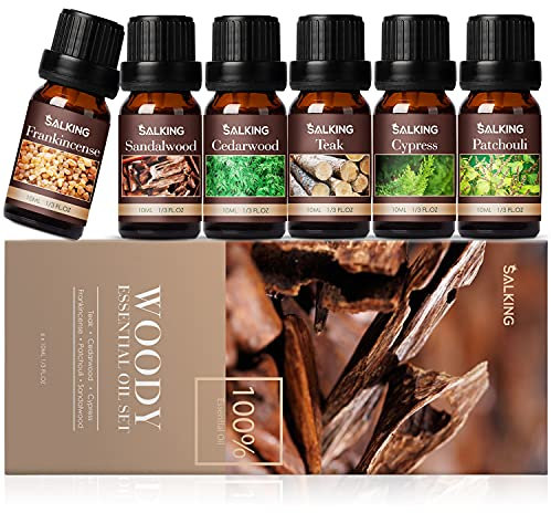 SALKING Holziger Ätherische Öle Set, Aromatherapie Duftöl GeschenkSet, 100% Pure Duftöle für Diffuser Luftbefeuchter, Massage, 6 x 10 ml(Frankincense, Cedarwood, Sandalwood, Teak, Cypress, Patchouli)
