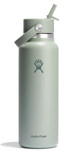 Hydro Flask Water Bottle - Insulated Stainless Steel - Wide Mouth Flex Straw Lid, Non Spill, Leakproof and Refillable in 40 Oz Tonal Agave