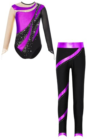 Jydiazi Mädchen Turnanzug Mit Langer Hose Langarm Glitzer Metallic Gymnastik Trikot Leggings Set Kinder Eiskunstlauf Ballett Tanzkleidung Violett 146-152