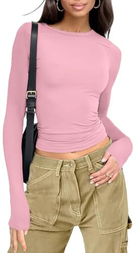 Womens Long Sleeve Tops Slim Fit Crop Blouse Round Neck Basic Shirts Solid Color Casual Tees(Pink,L)