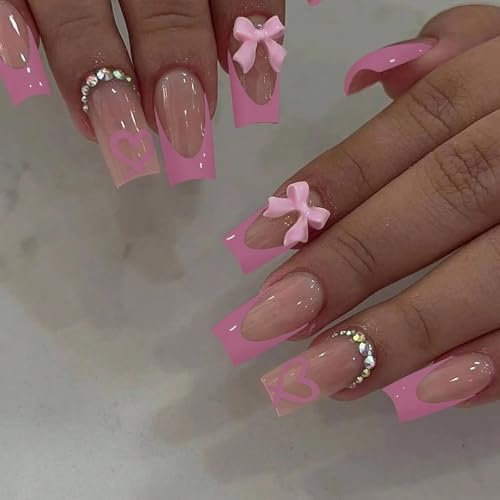 GlamRays 24 Stück Französische Spitzen Aufkleber-Nägel, Lange Sargform, süße Schleifen-Falschnägel mit Anhänger-Design, Rosa Französische Spitzen-Falschnägel