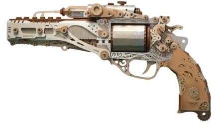 Brickaro 3D Holzpuzzle Revolver Modellbausatz, Mechanisches DIY Montageset mit abnehmbaren Teilen, in Mehreren Farben erhältlich, schießt Holzprojektile, Weiß