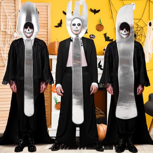 Mepase 3 Pack Halloween Group Couples Costumes Halloween Utensil Costumes Set Silver Knife, Spoon, Fork Giant Cosplay Adult Funny Party Performance Attire Novelty Cosplay Adult One Size Men Women