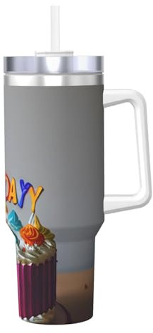 KOUUIP Taza de café de acero inoxidable de doble pared con tapa y asa de 1,134.0 g con diseño de pastel de feliz cumpleaños