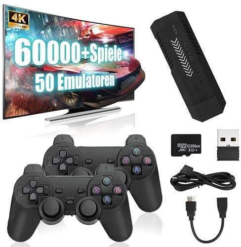X2 Plus Retro Emulator Konsole 4K, Game Stick mit 256G Speicherplatz 60000+ Spieleklassiker 50+ Emulatorens, Plug & Play mit 2 x 2.4G Wireless Controllern für Bildschirme