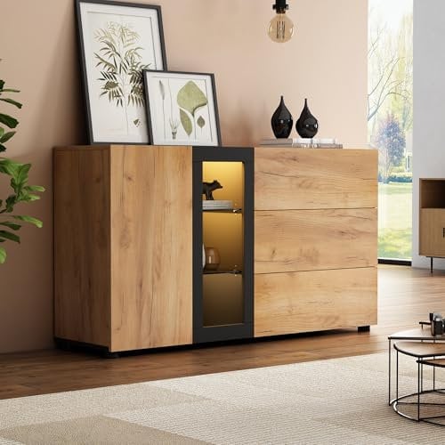 Merax Sideboard mit LED-Vitrine, Modern Buffetschrank Kommode mit 1 Türen, 3 Schubladen, Glasböden, Wohnzimmerschrank, Standschrank, TV-Schrank, Küchenschrank für Wohnzimmer Esszimmer, Braun & Schwarz