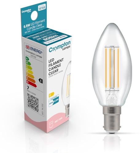 Crompton Lamps Filament Candle LED Light Bulb SBC-B15d | 6.5W = 60W Equivalent | Warm White 2700K | Energy Efficient | Small Bayonet Lightbulb | Long Life 15,000-Hrs | Clear Glass