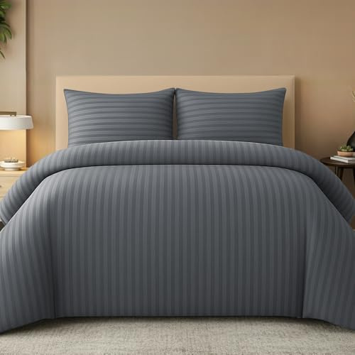 Pamposh Satin-Streifen-Bettwäsche-Set, Premium-Hotelqualität, hypoallergen, ultraweiche Mikrofaser (Grau, (1 x 220 x 240 cm) + (2 x Kissenbezug 80 x 80 cm))