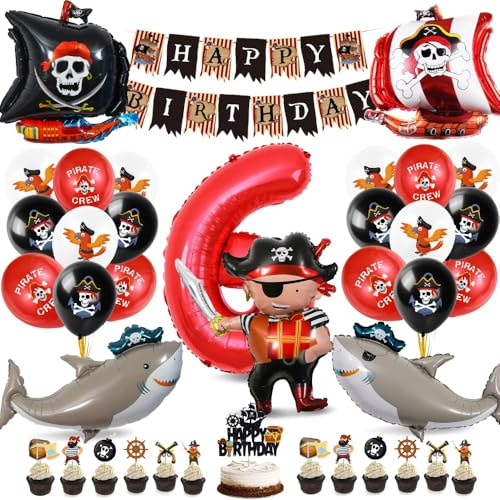Piraten Geburtstag Deko Set mit Pirate Folienballon Zahlen 6,Bedruckte Ballons,Happy Birthday Banner und Tortendeko für Geburtstag Halloween Party,Piraten Deko Set