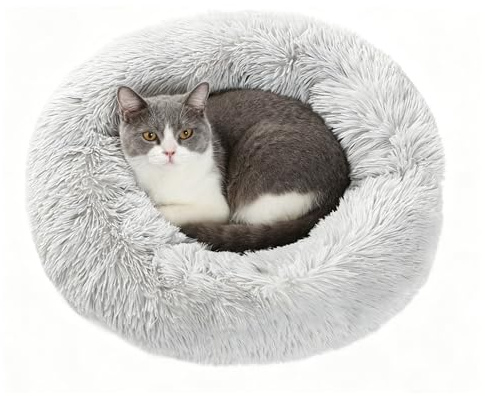 Lemuluxe Dog Bed Cat Bed, Calming Cat Donut Round Washable Plush Bed, Cat Beds for Indoor Cats, Pet Bed with Anti Slip Bottom Fluffy Puppy Kitten Beds, 40x40cm (Light Grey)