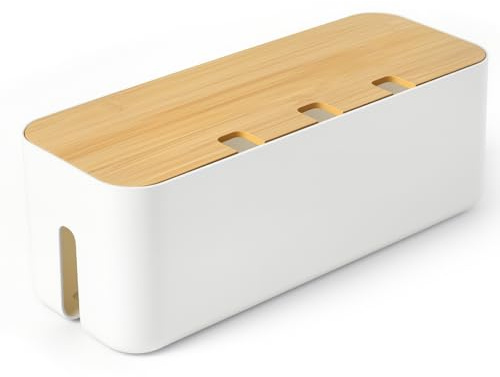 Nymblis Large Cable Tidy Box, White Cable Management Organiser | Bamboo Lid, wire & lead storage, hides power strips & extension cords, for office and home, ideal for TV, desktop
