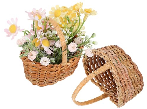 NUOBESTY 2 Stück Kleiner Rattankorb Handgeflochten Kleiner Blumenkorb aus Naturmaterial für Hochzeitsdekoration und Puppenhaus