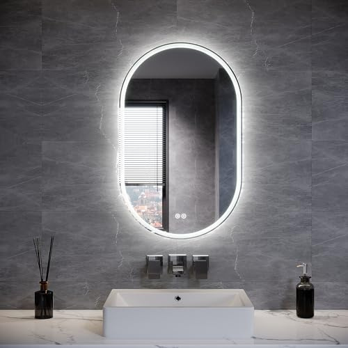 ELEGANT LED Bathroom Mirror with Shaver Socket, 800x500mm Oval Illuminated Wall Mounted Vanity Mirror with Anti-Fog, 3 Colors Dimmable, Touch Sensor & Memory Function, Backlit Bathroom Mirrors, IP44
