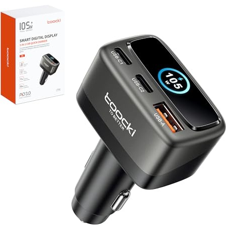 2026 Upgrade toocki 105W 3-Port Zigarettenanzünder USB C mit LED Display, DUAL PD3.0+QC3.0 Auto Ladegerät Adapter Schnell Kfz Ladegerät für iPhone17/16/Samsung S25/Smartphone/iPad/MacBook/Laptop